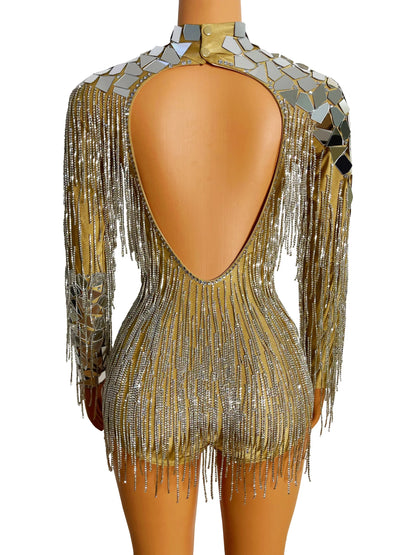 Mirror Rhinestone Chain Backless Bodysuit