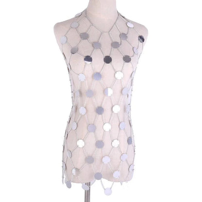 silver Sequin Body Chain Dress rave outfit