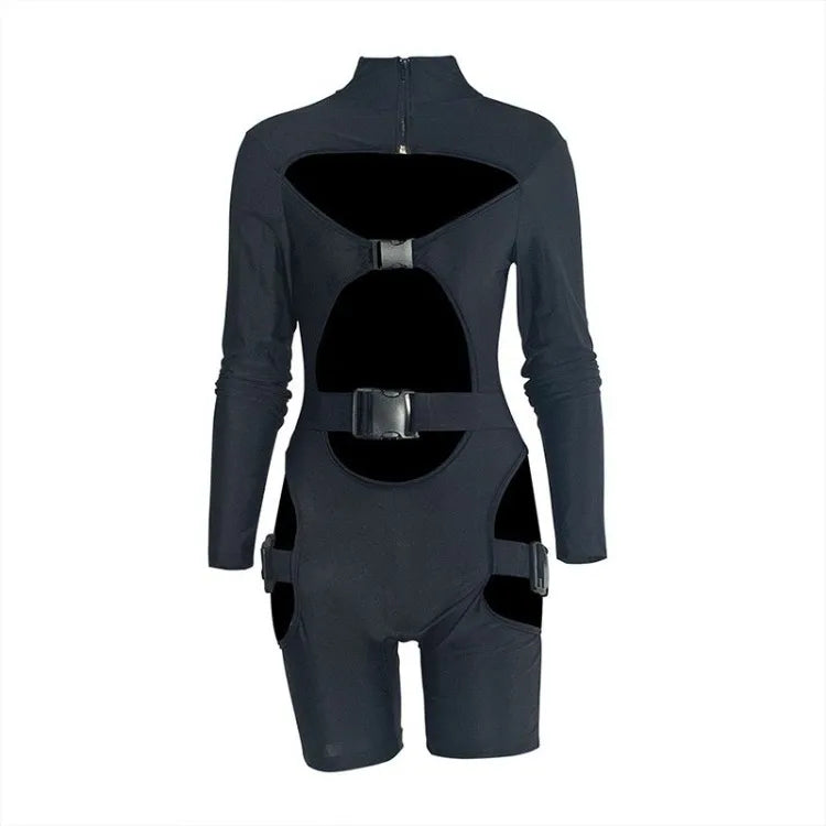 Black Hollow Strap Romper Bodysuit