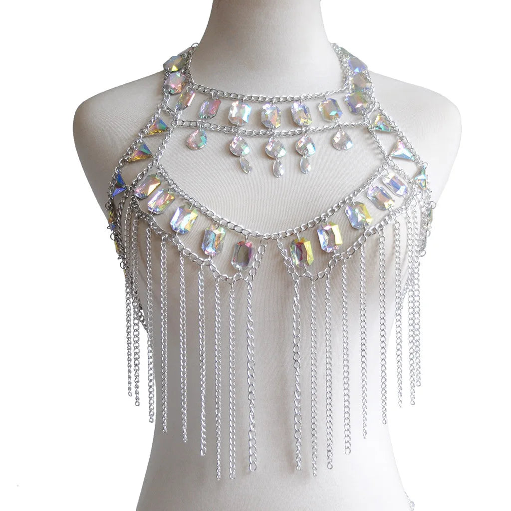 silver Women Boho style Shiny Acrylic Crystal Festival outfit Tank Top Halter Patchwork Gem Sequins Cami Crop Top