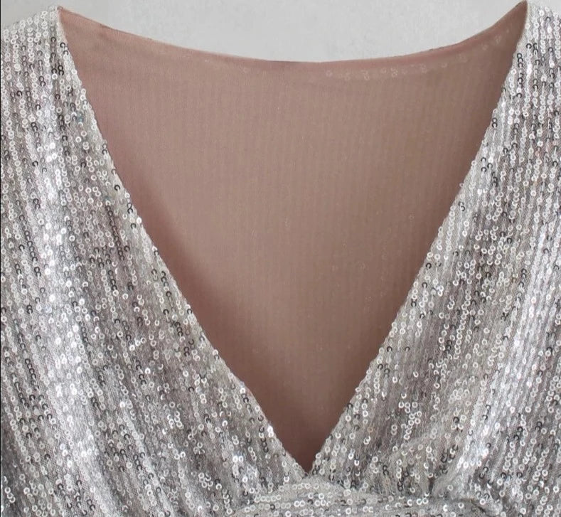 Grey Silver Long Sleeve Sequin Top Festival outfit Rave wear