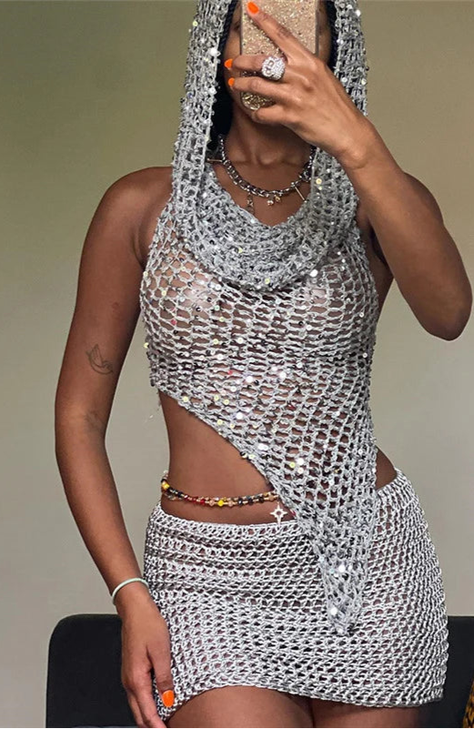 Two-Piece Knit Sequin Hooded Crop Top & Mini Skirt