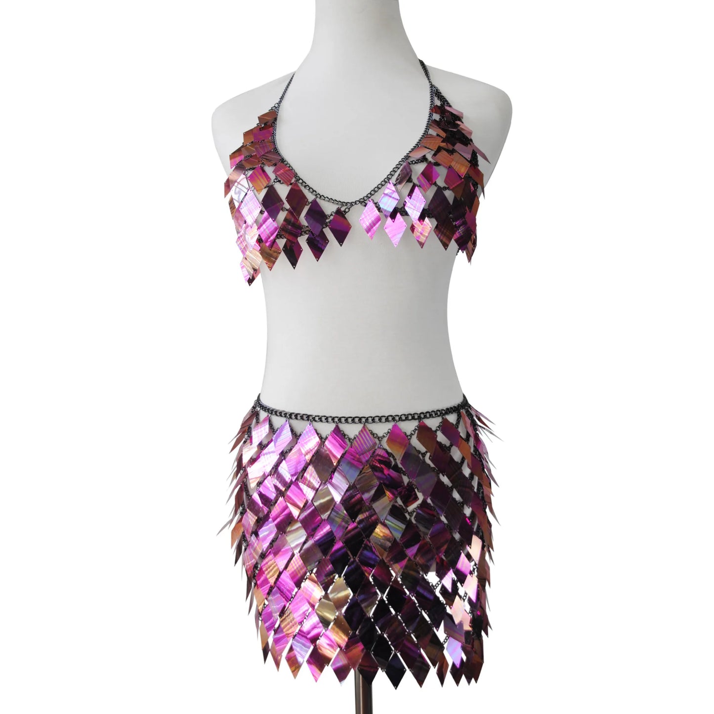 purple Rhombic Metal Backless Skirt and Top Set Festival Outfit Fashion Concert Rave outfits
