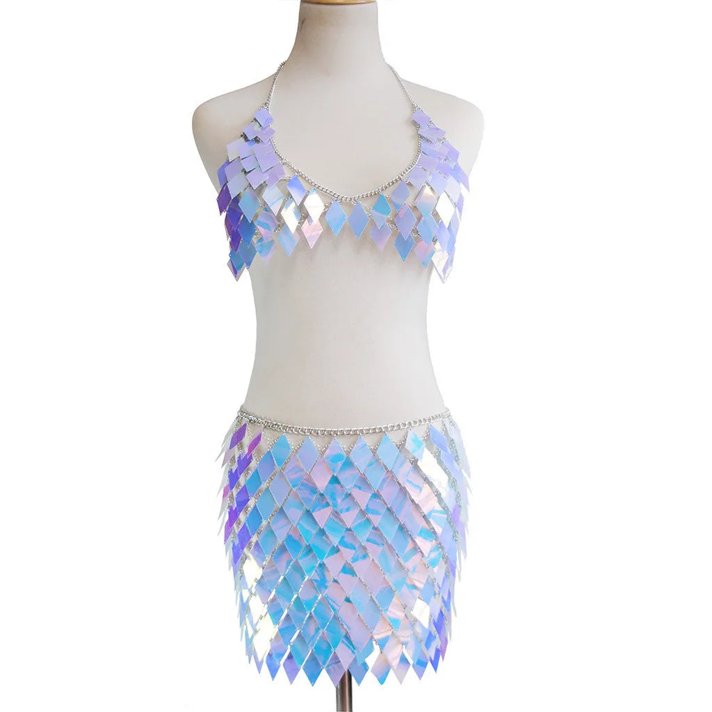 blue Rhombic Metal Backless Skirt and Top Set Festival Outfit Fashion Concert Rave outfits