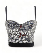 silver mirror Rhinestones Push Up Bustier Crop Top Corset Bling Diamond Punk Corsé festival fashion