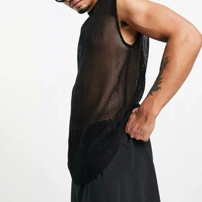 black Men's Mesh See-Through Sleeveless Loose Shirt