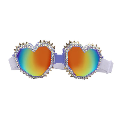 Heart Shaped Goggle Sunglasses Steampunk Cyberpunk White crystals  Burning man Festival Rave