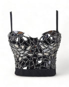 black mirror Rhinestones Push Up Bustier Crop Top Corset Bling Diamond Punk Corsé festival outfit