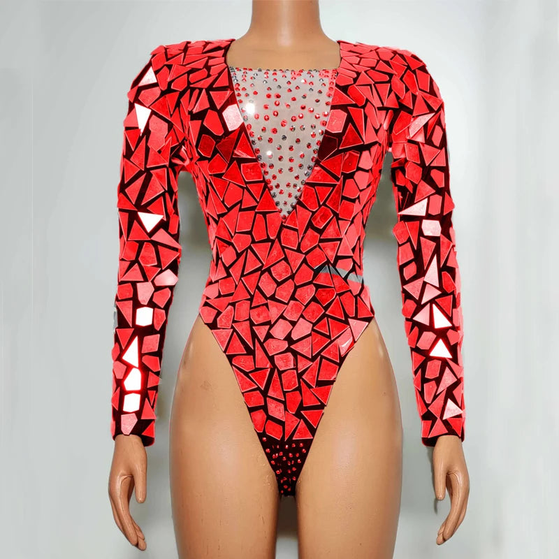 Red Mirror Rhinestone Bodysuit