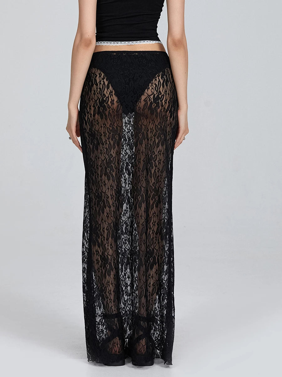 Black Sheer Lace Long Skirt