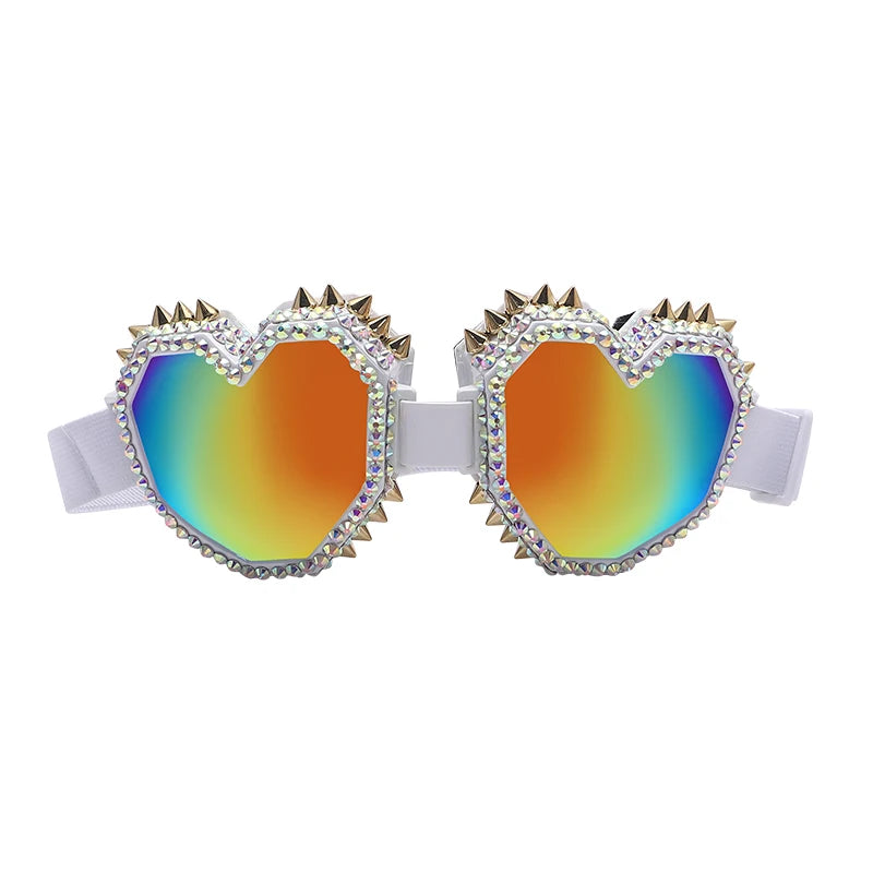 Heart Shaped Goggle Sunglasses Steampunk Cyberpunk White crystals  Burning man Festival Rave