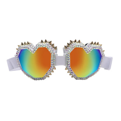 Heart Shaped Goggle Sunglasses Steampunk Cyberpunk White crystals  Burning man Festival Rave