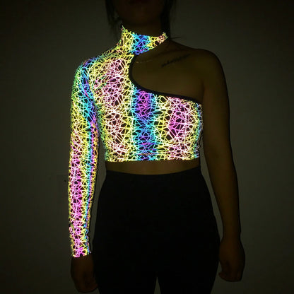 Holographic Reflective One Shoulder Crop Top