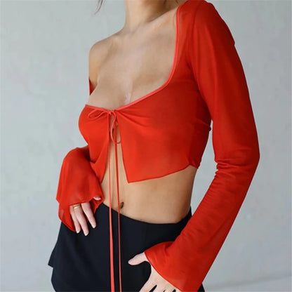 red Mesh Lace Up Crop Top long sleeve festival fashion outfit