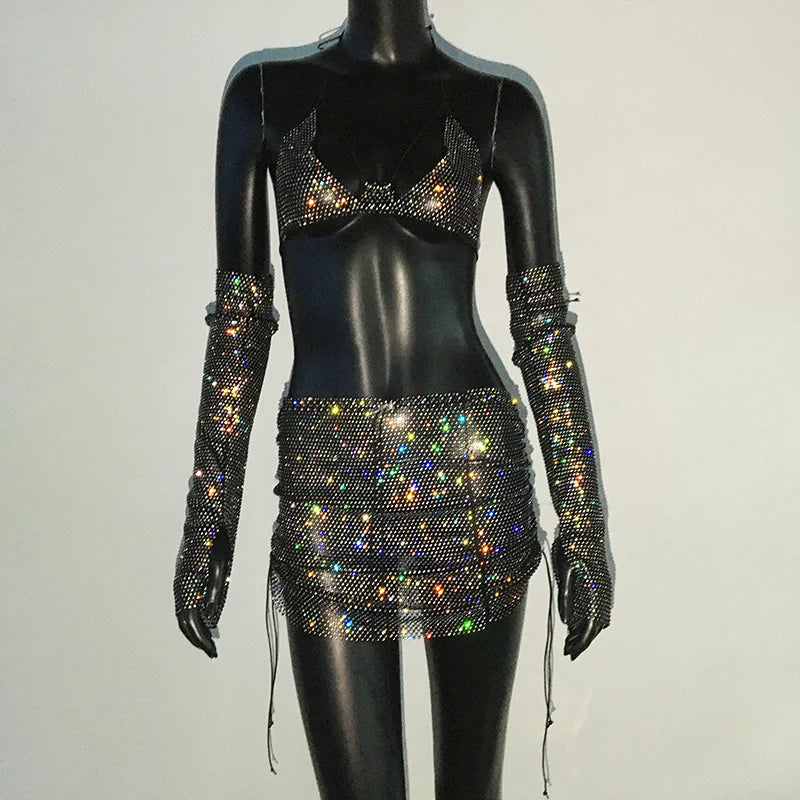 Glitter Rhinestone Top with Mini Skirt and Gloves