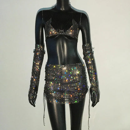 Glitter Rhinestone Top with Mini Skirt and Gloves