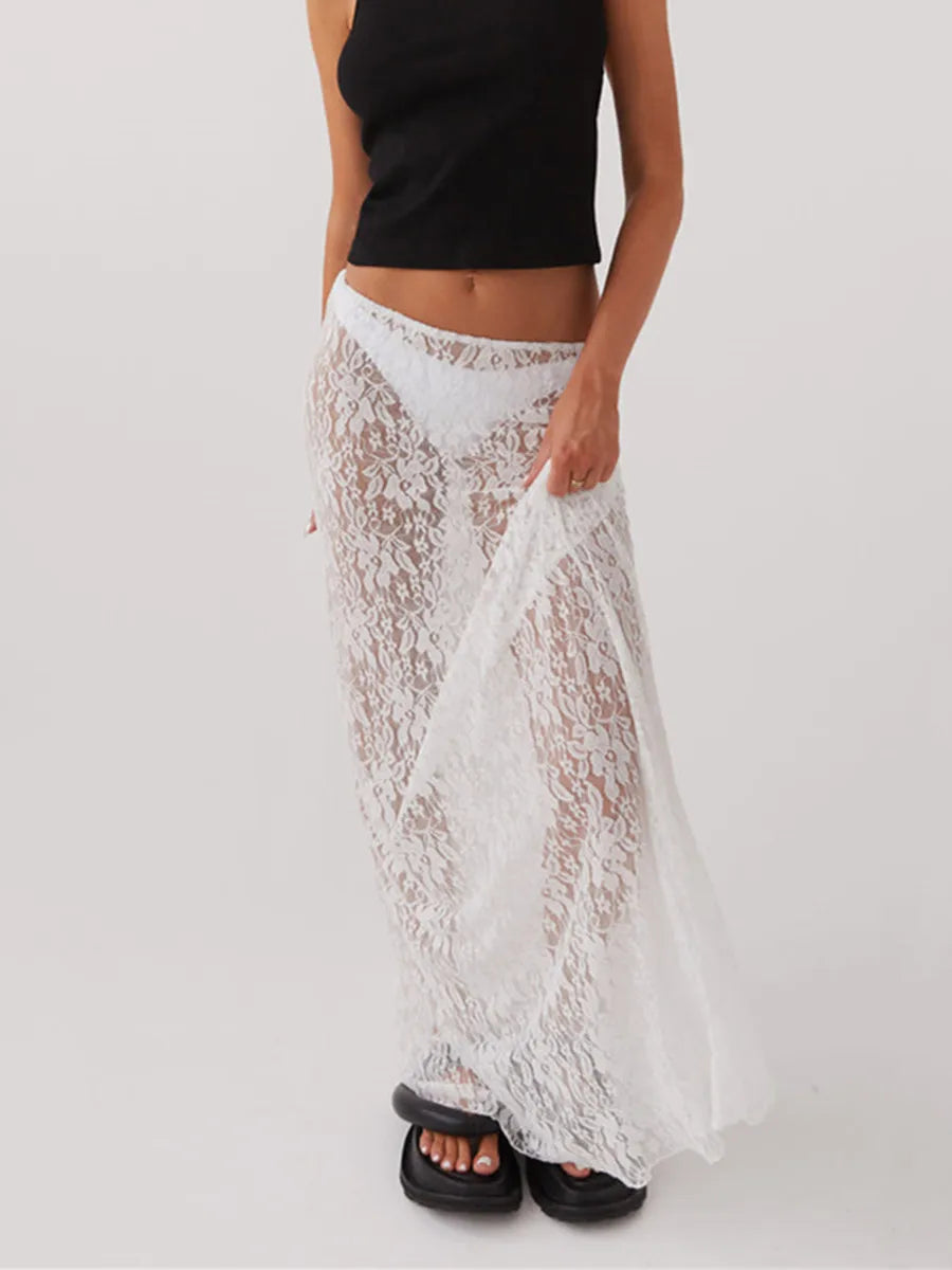 White Sheer Lace Long Skirt