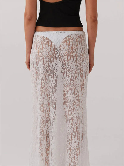 White Sheer Lace Long Skirt