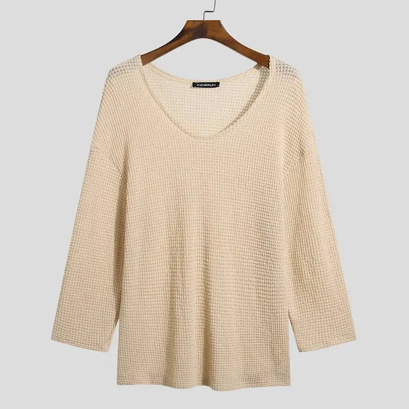 Beige Boho Style Long Sleeve Thin Knitted Sweater Top Knit Pullover See Through festival outfit fashion