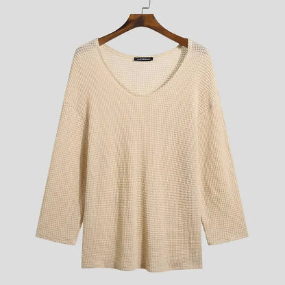 Beige Boho Style Long Sleeve Thin Knitted Sweater Top Knit Pullover See Through festival outfit fashion