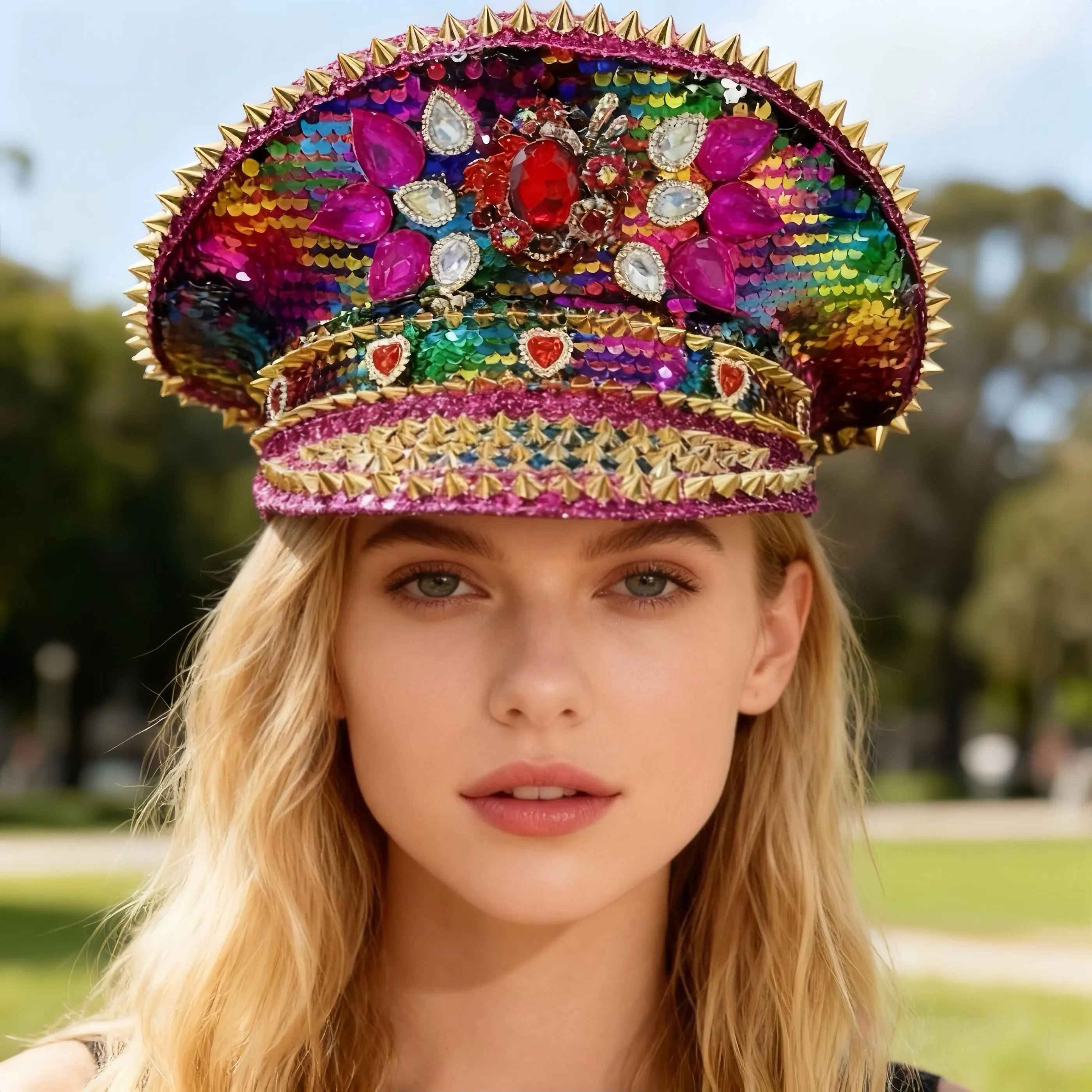 Rainbow sequin military hat with gold spikes, large marquise rhinestones, and jeweled brim on a model.