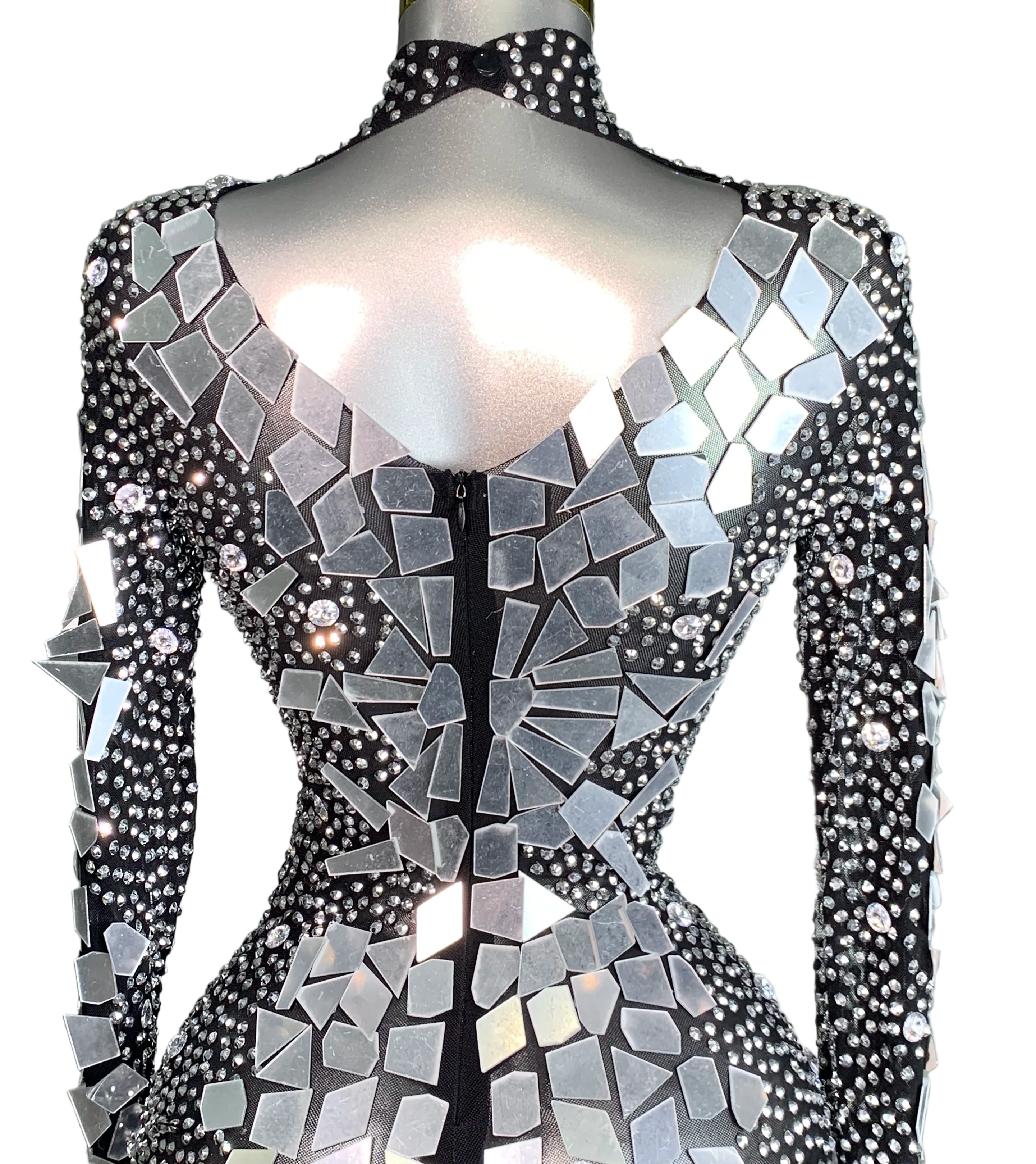 Silver Mirror Rhinestone Long-Sleeve Bodysuit