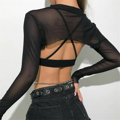 black Transparent Mesh Crop Top Backless Long Sleeve festival outfit