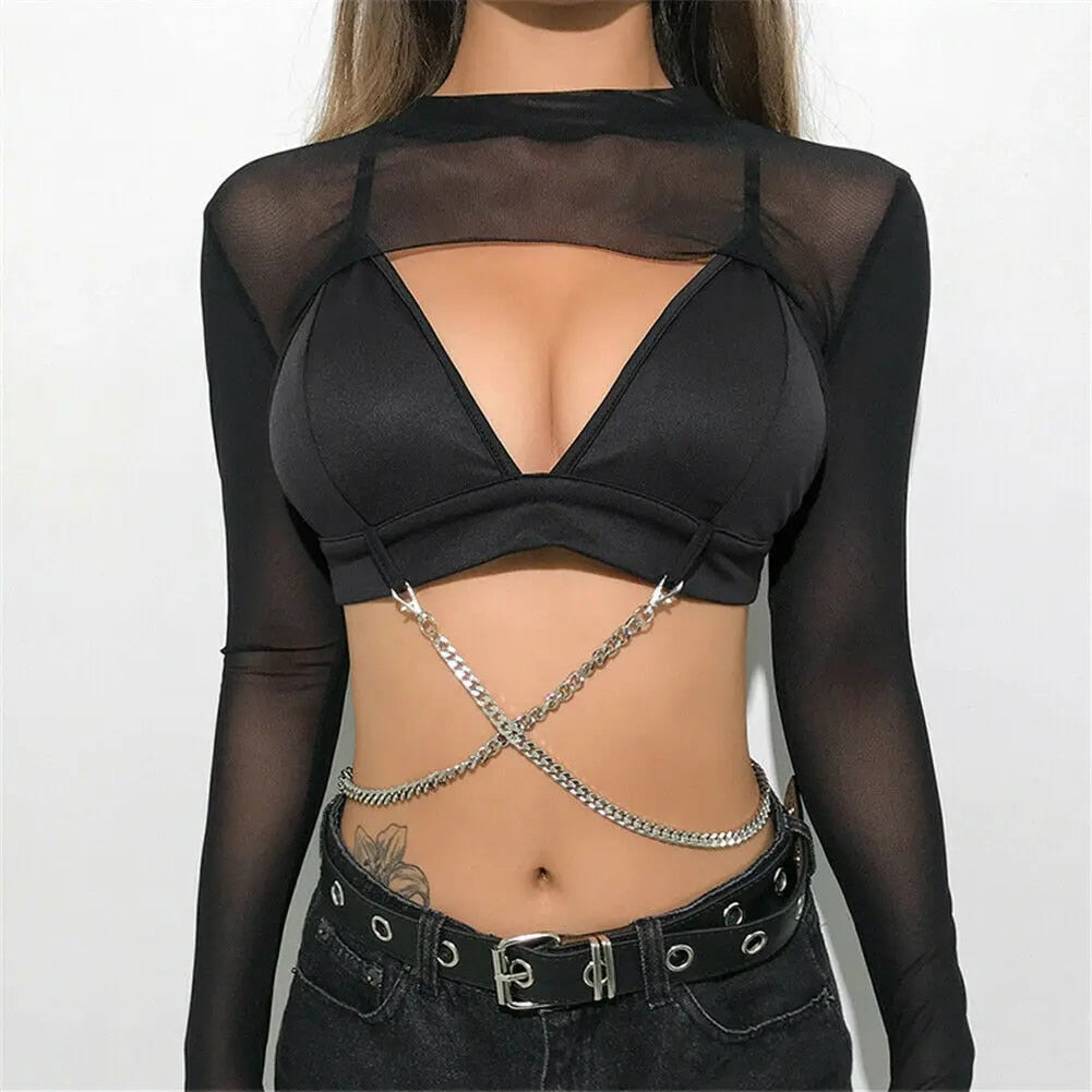 black Transparent Mesh Crop Top Backless Long Sleeve festival outfit