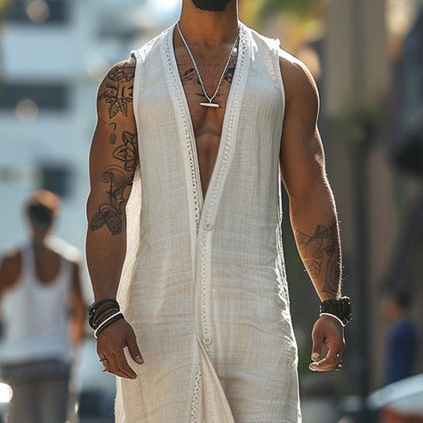 Mens vintage long sleeveless V-neck cardigan in light beige polyester with button-front detail.