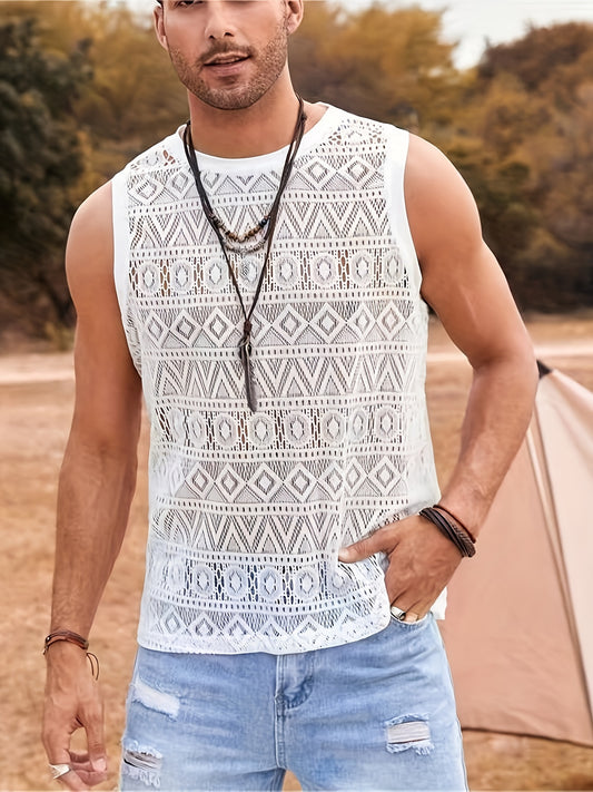 White Mesh Lace Knit Tank Top