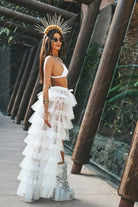 White Tiered Ruffled Tulle Sheer Mesh Wrap Skirt