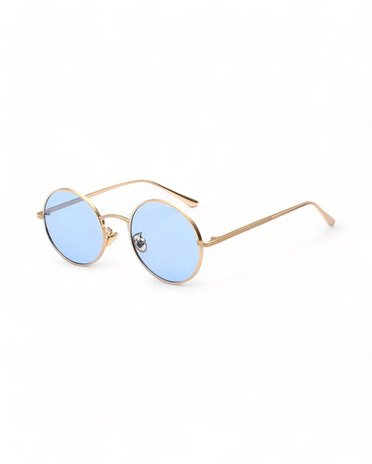 woodstock hippie Round Sunglasses blue lens golden frame