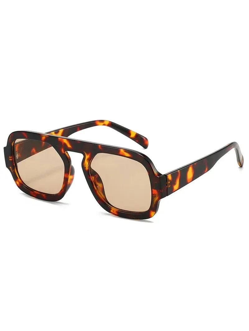 Tortoiseshell square sunglasses with a bold polycarbonate frame and light brown UV-400 resin lenses.