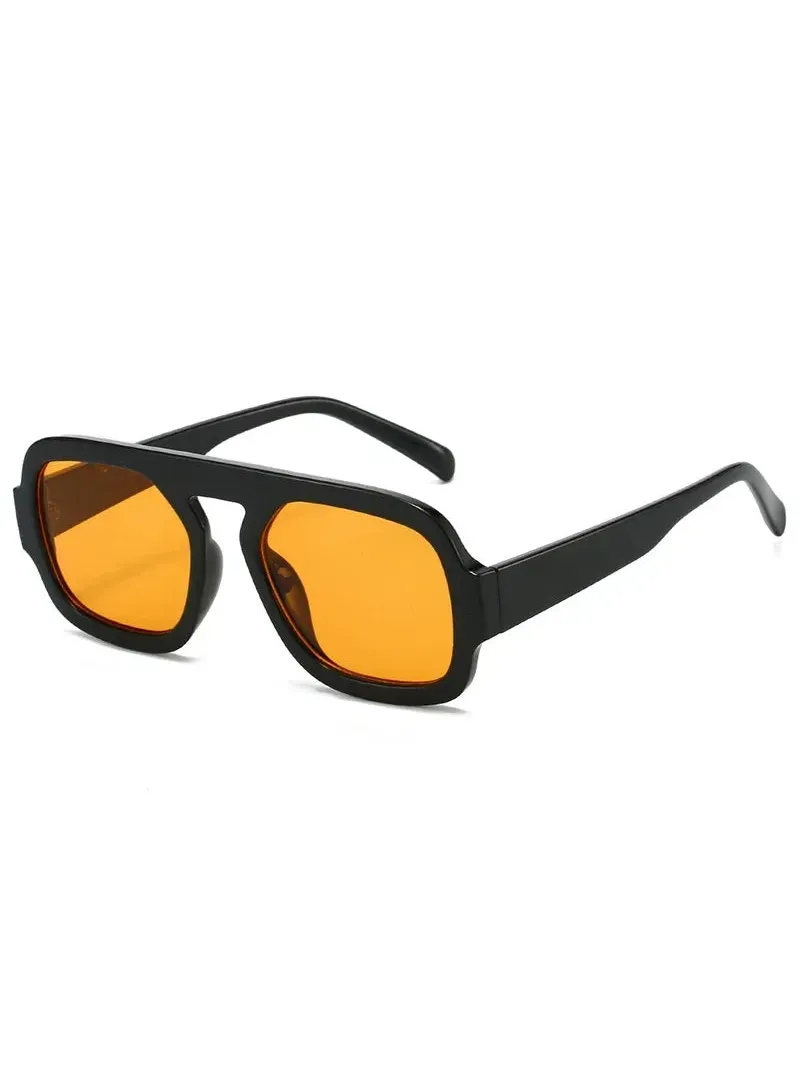 Unisex Brussels retro square sunglasses featuring a black polycarbonate frame and vibrant orange resin lenses.