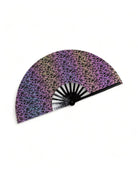 Folding Holographic Hand Fan with vibrant colors, ideal for rave outfits and stylish comfort.