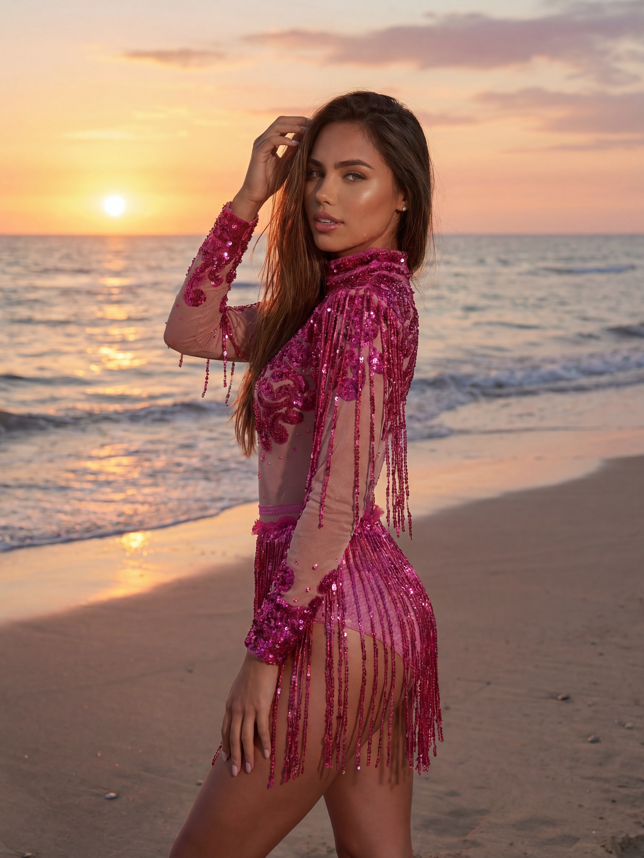 Modella con body Alessia Rose Sequin e gonna con frange, caratterizzato da paillettes rosa, ventre trasparente e collo alto finto.