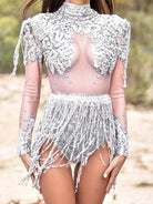close-up rhinestone sequin tassel bodysuit with shimmering details and playful tassels