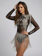 Black sheer long-sleeve bodysuit with intricate rhinestone and sequin embellishments, featuring silver fringe tassels.