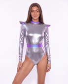 Model wearing a long-sleeve metallic silver faux leather bodysuit with purple iridescent trim and shoulder accents.