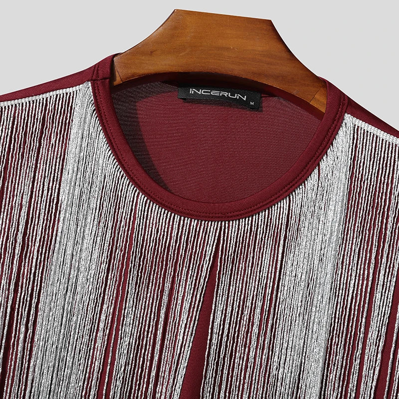 close-up tassel fringe crop top in burgundy with cascading fringe details