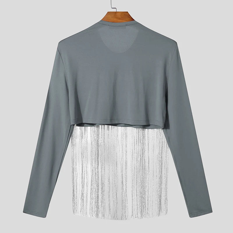 back-view tassel fringe crop top grey with cascading fringe detail