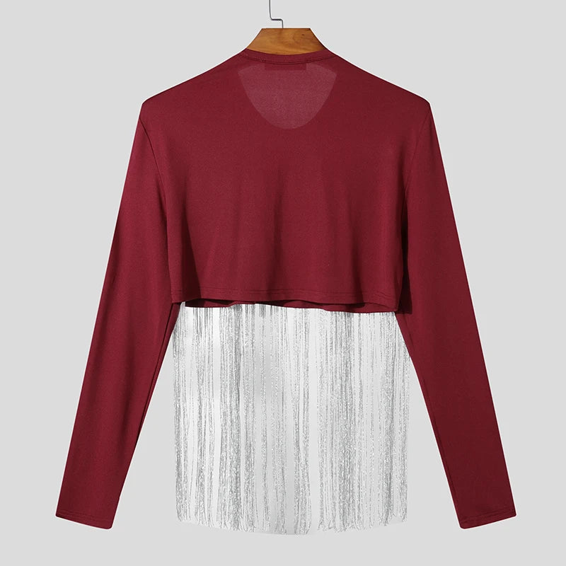 back-view tassel fringe crop top in burgundy with cascading white fringe details