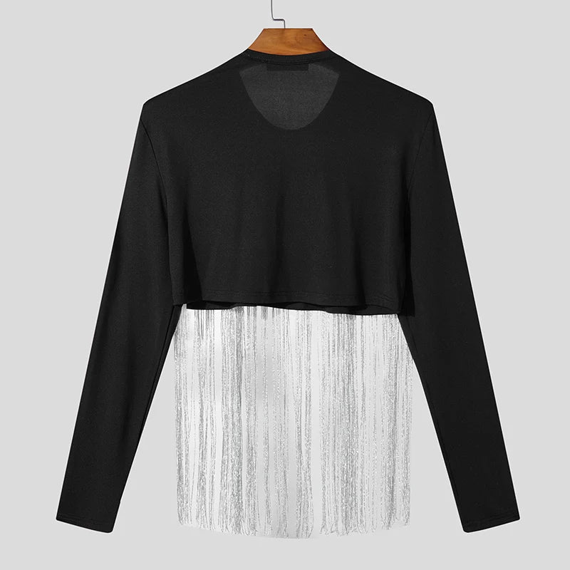 back-view tassel fringe crop top in black with white cascading fringe details