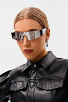 Silver Futuristic Wrap Around Sunglasses with anti-scratch, UV-400 protection for a bold look.