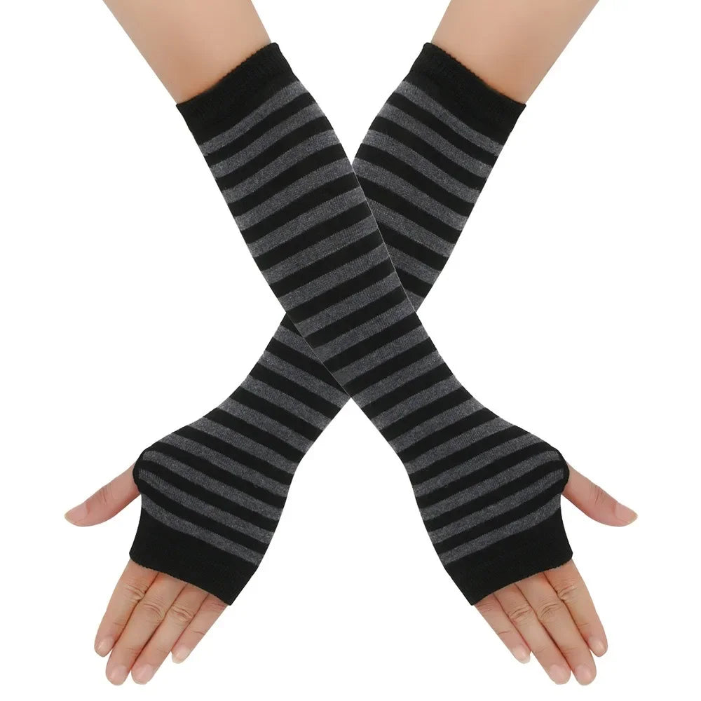 Black and Grey Long Fingerless Knit Gloves