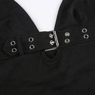 Close-up of a Black Backless Crop Top showing buckle detail and eyelet accents for a stylish look.