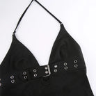 Black Backless Crop Top featuring a plunging neckline and stylish buckle detail.
