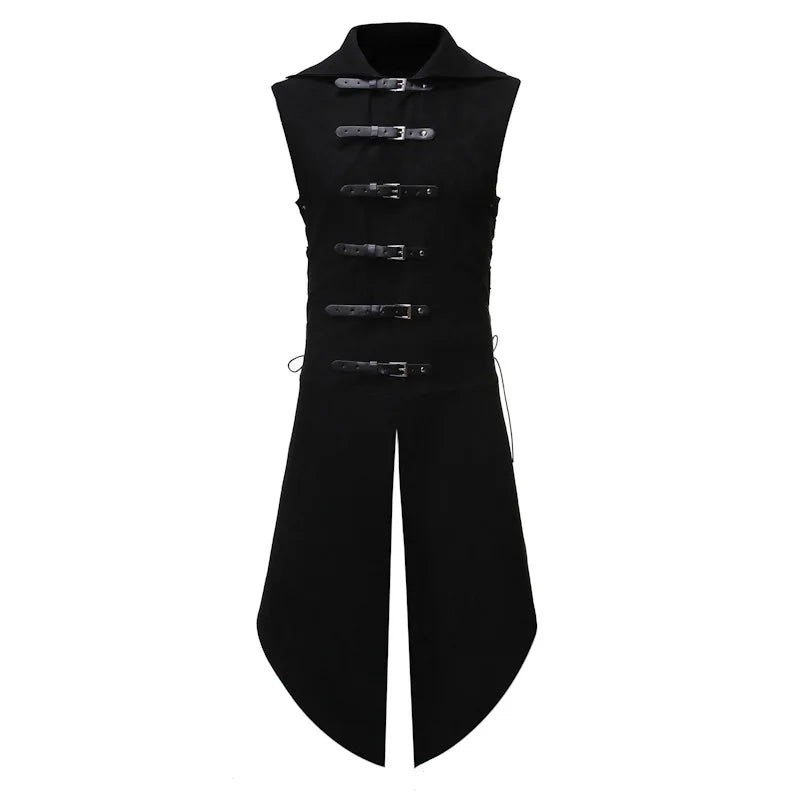 Cosplay Vest Top in black with buckles, perfect for men's rave clothing and festival outfits, made from polyester and faux leather.