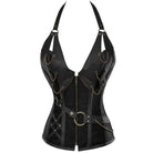 Costumes Faux Leather Top with edgy design, zipper closure, chains, and halter straps for a bold look.