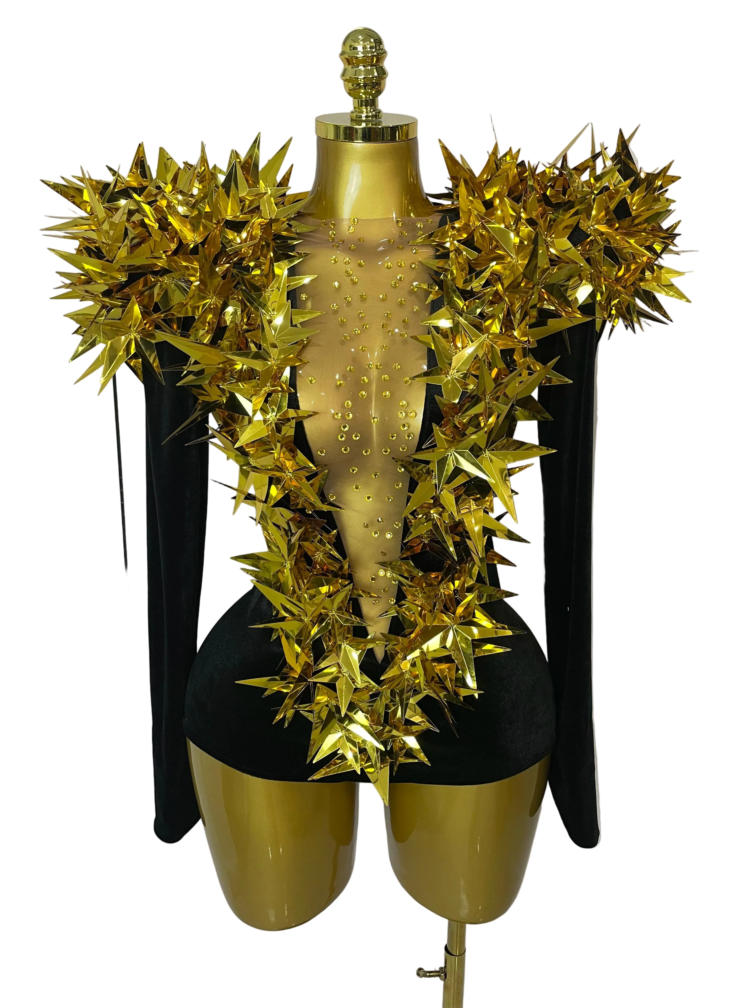 black rhinestone velvet bodysuit full-shot with golden star accents and plunging neckline